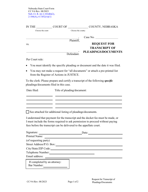 Form CC9:6 Request for Transcript of Pleadings/Documents - Nebraska