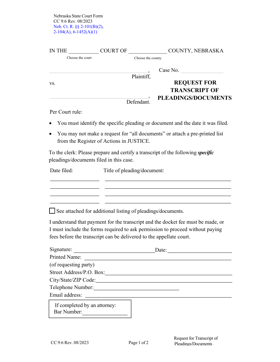 Form CC9:6 Request for Transcript of Pleadings / Documents - Nebraska, Page 1
