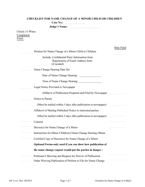 Form DC6:11A Checklist for Name Change of a Minor Child or Children - Nebraska
