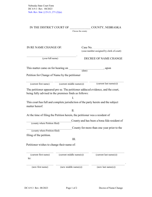 Form DC6:9.3 Decree of Name Change - Nebraska
