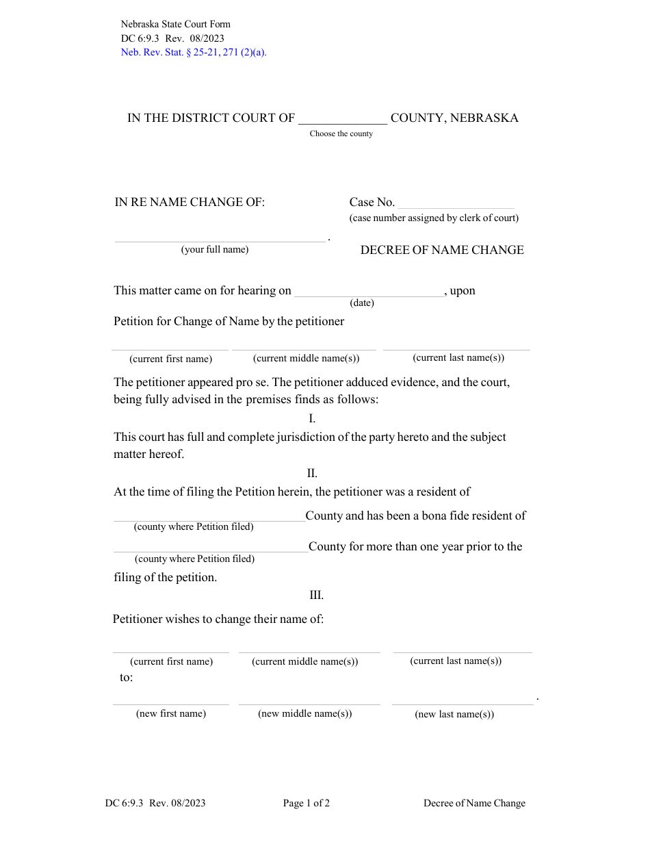 Form DC6:9.3 Decree of Name Change - Nebraska, Page 1