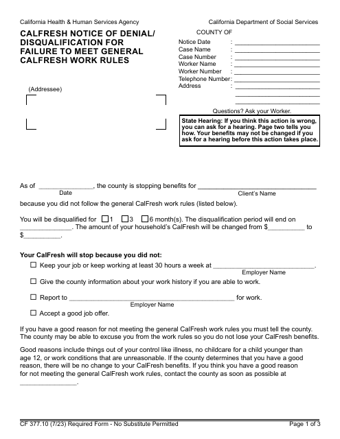 Form CF377.10 CalFresh Notice of Denial/Disqualification for Failure to Meet General CalFresh Work Rules - California