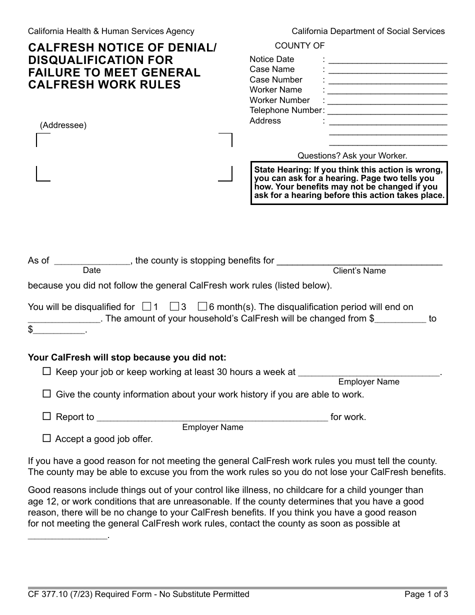 Form CF377.10 CalFresh Notice of Denial / Disqualification for Failure to Meet General CalFresh Work Rules - California, Page 1
