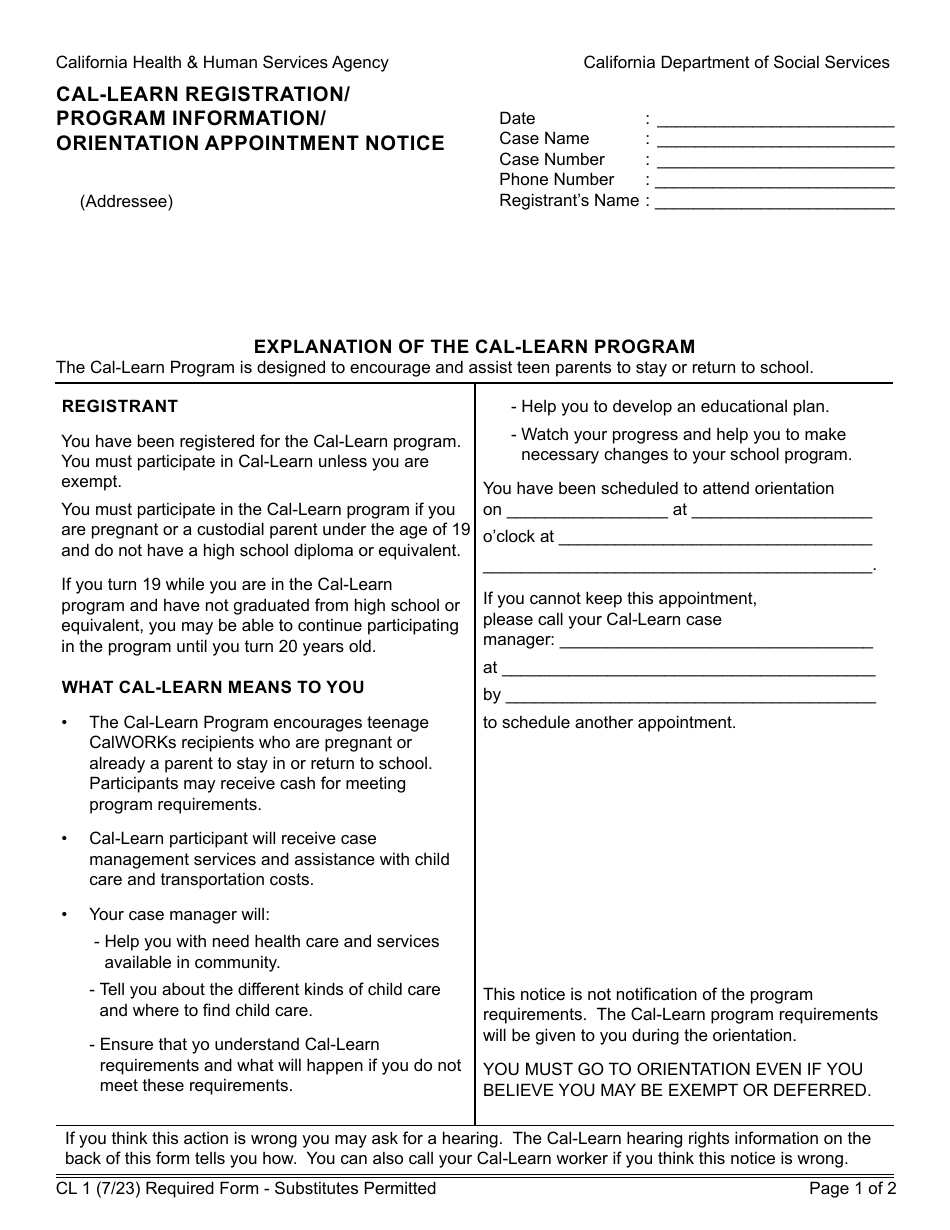 Form CL1 Cal-Learn Registration / Program Information / Orientation Appointment Notice - California, Page 1