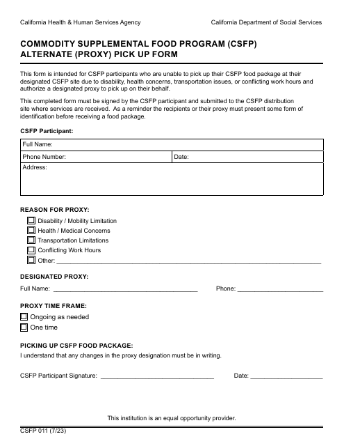 Form CSFP011 Alternate (Proxy) Pick up Form - Commodity Supplemental Food Program (Csfp) - California