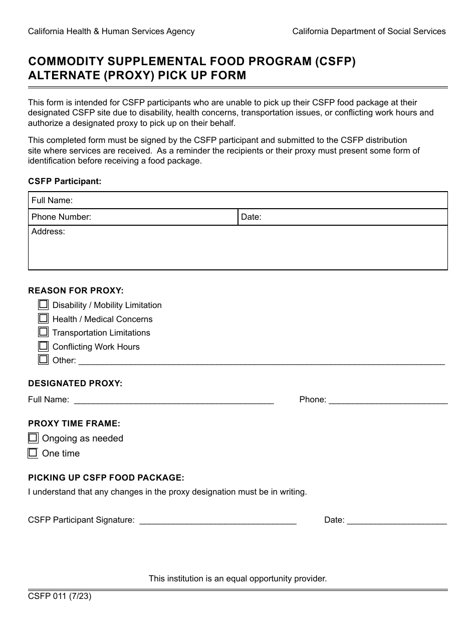 Form CSFP011 Alternate (Proxy) Pick up Form - Commodity Supplemental Food Program (Csfp) - California, Page 1