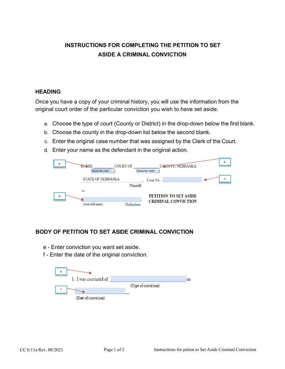 Instructions for Form CC6:11 Petition to Set Aside Criminal Conviction - Nebraska, Page 1