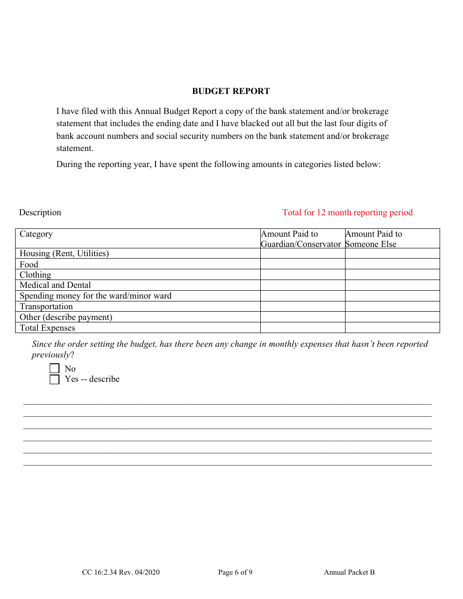 Form CC16:2.34 Packet B - Guardianship and / or Conservatorship With Budget Annual Report - Nebraska, Page 8