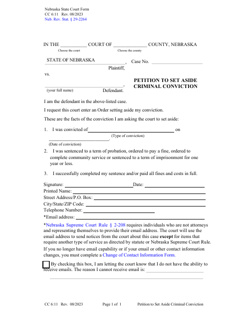 Form CC6:11 Petition to Set Aside Criminal Conviction - Nebraska