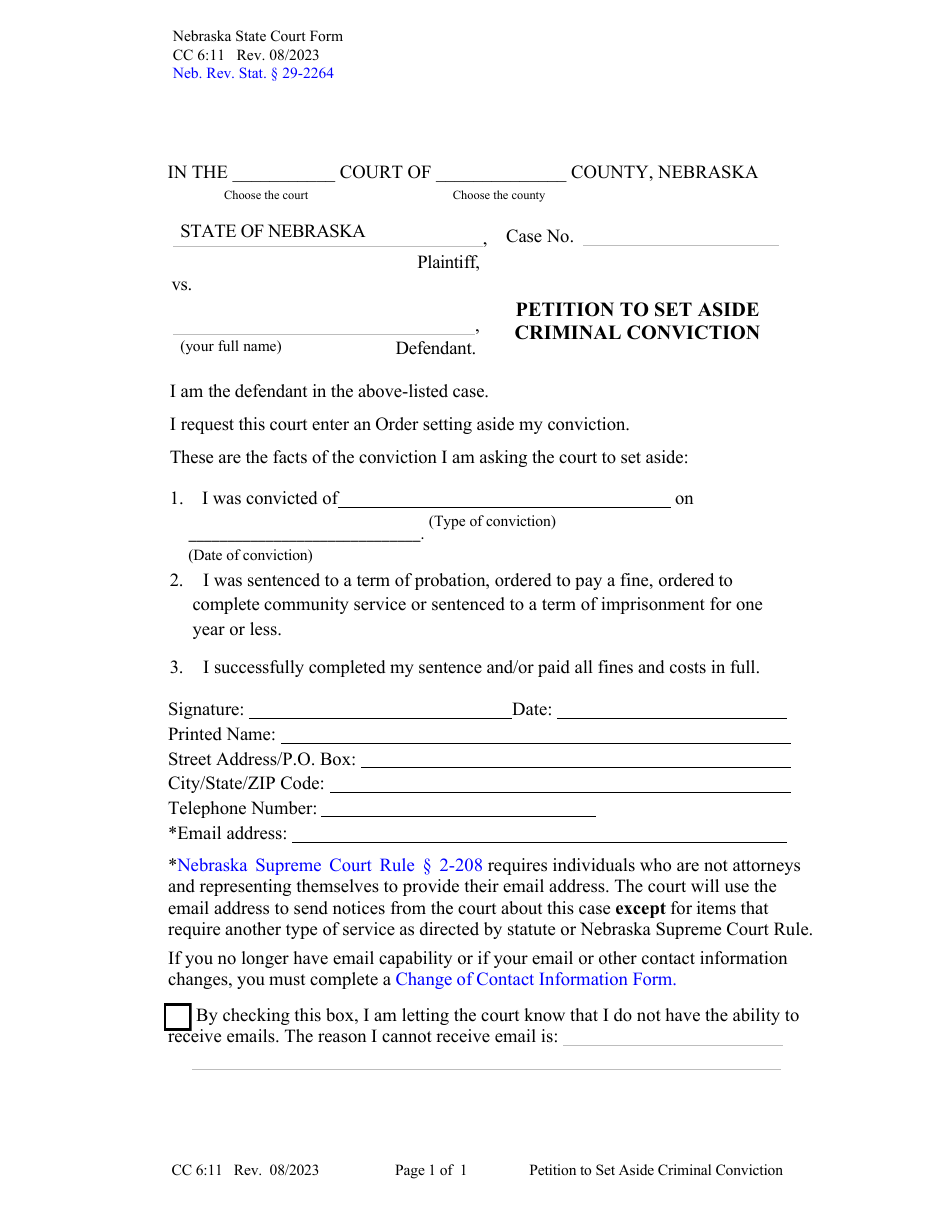 Form CC6:11 Petition to Set Aside Criminal Conviction - Nebraska, Page 1