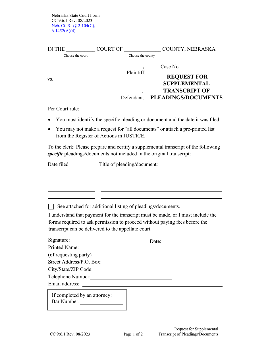 Form CC9:6.1 Request for Supplemental Transcript of Pleadings / Documents - Nebraska, Page 1