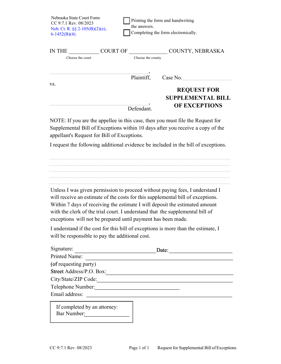 Form CC9:7.1 Request for Supplemental Bill of Exceptions - Nebraska, Page 1