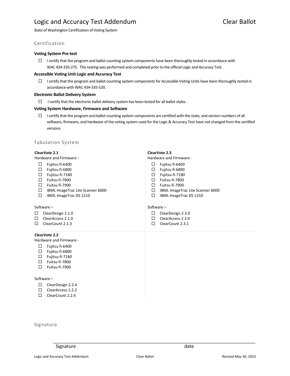 Logic and Accuracy Test Addendum - Clear Ballot - Washington, Page 1