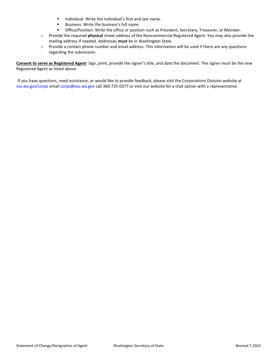 Statement of Change / Designation of Registered Agent - Washington, Page 2