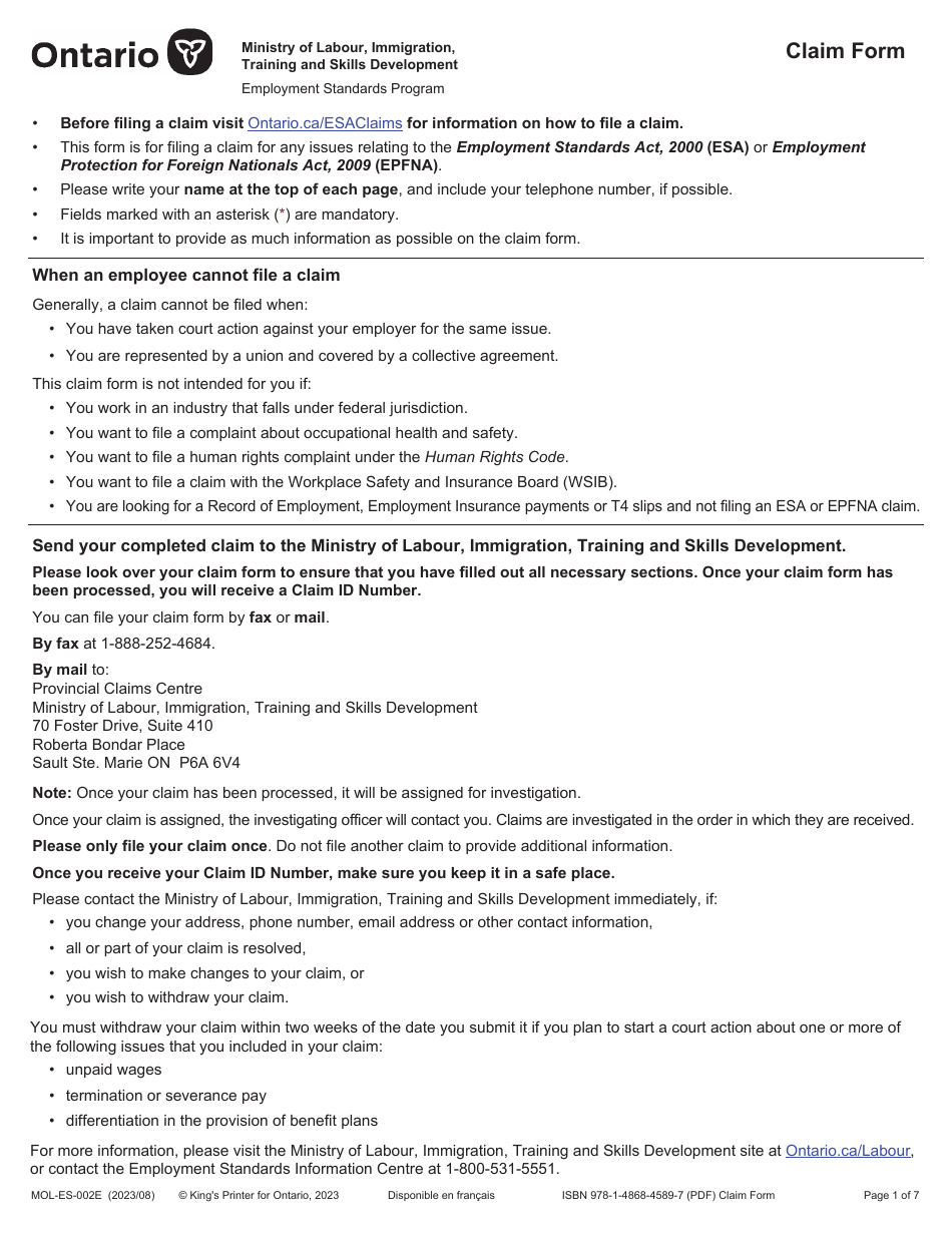 Form MOL-ES-002E Claim Form - Ontario, Canada, Page 1