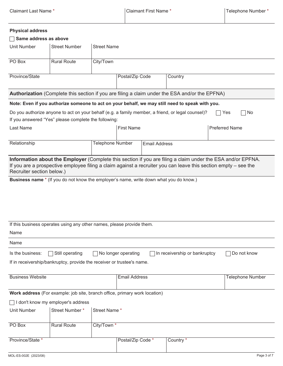 Form MOL-ES-002E Claim Form - Ontario, Canada, Page 3