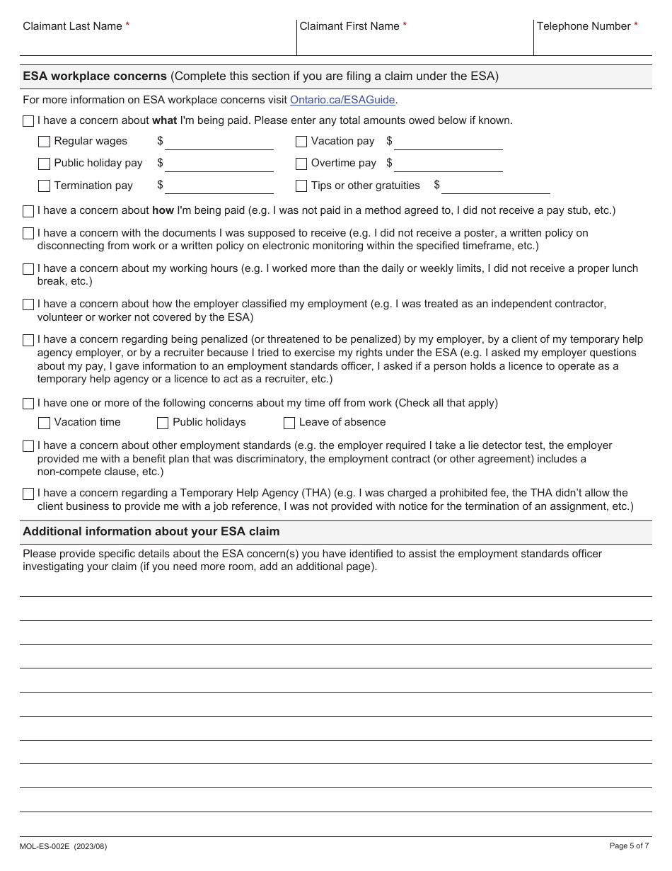 Form MOL-ES-002E Claim Form - Ontario, Canada, Page 5