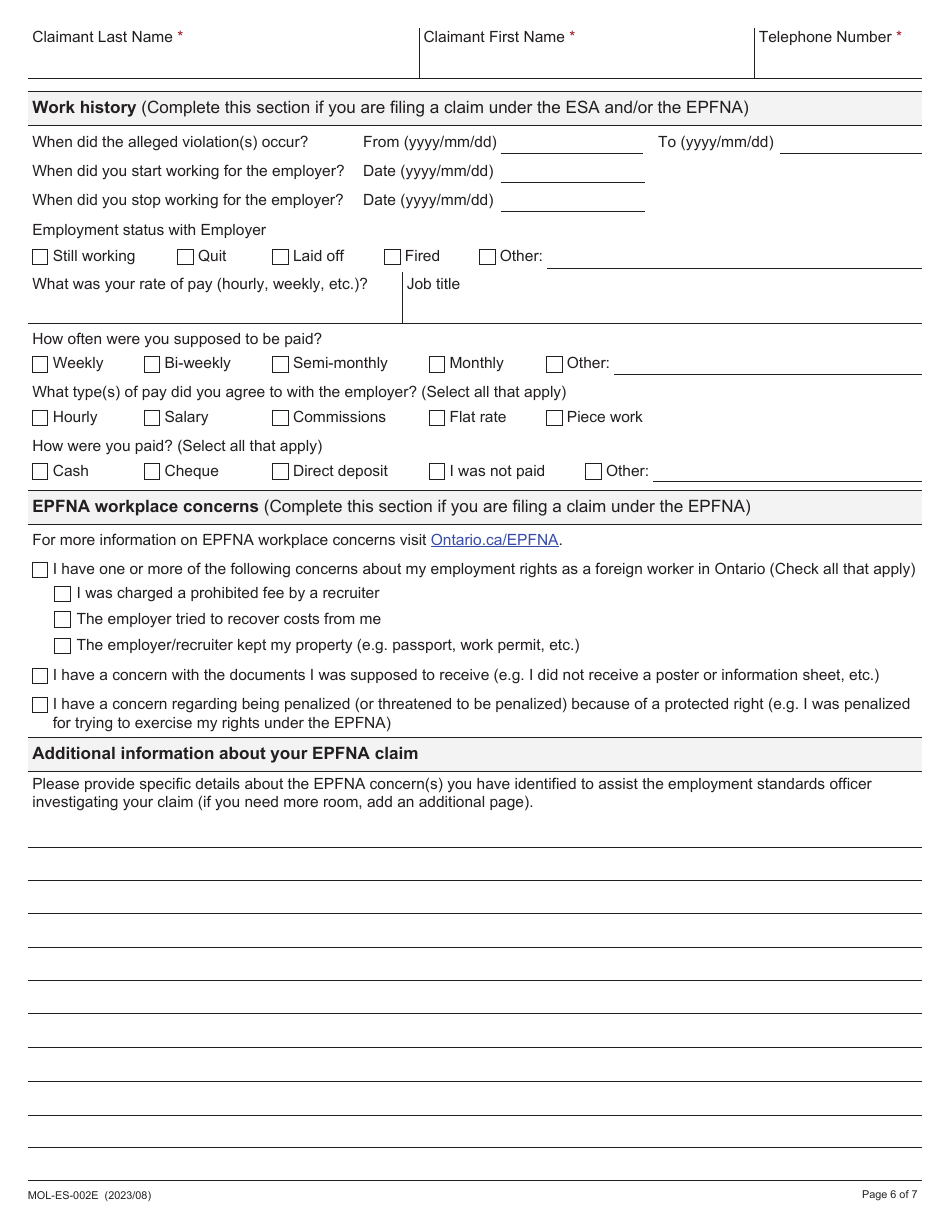 Form MOL-ES-002E Claim Form - Ontario, Canada, Page 6