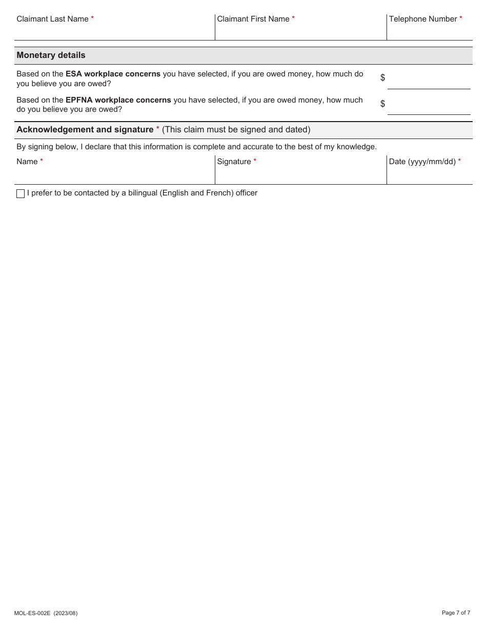 Form MOL-ES-002E Claim Form - Ontario, Canada, Page 7