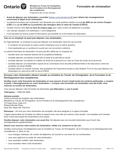 Forme MOL-ES-002F Formulaire De Reclamation - Ontario, Canada (French)