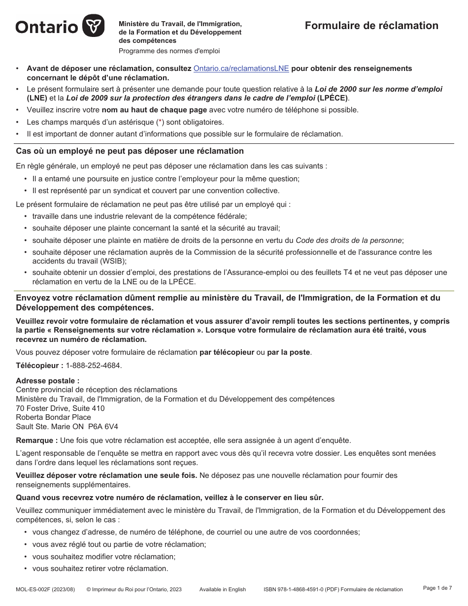 Forme MOL-ES-002F Formulaire De Reclamation - Ontario, Canada (French), Page 1