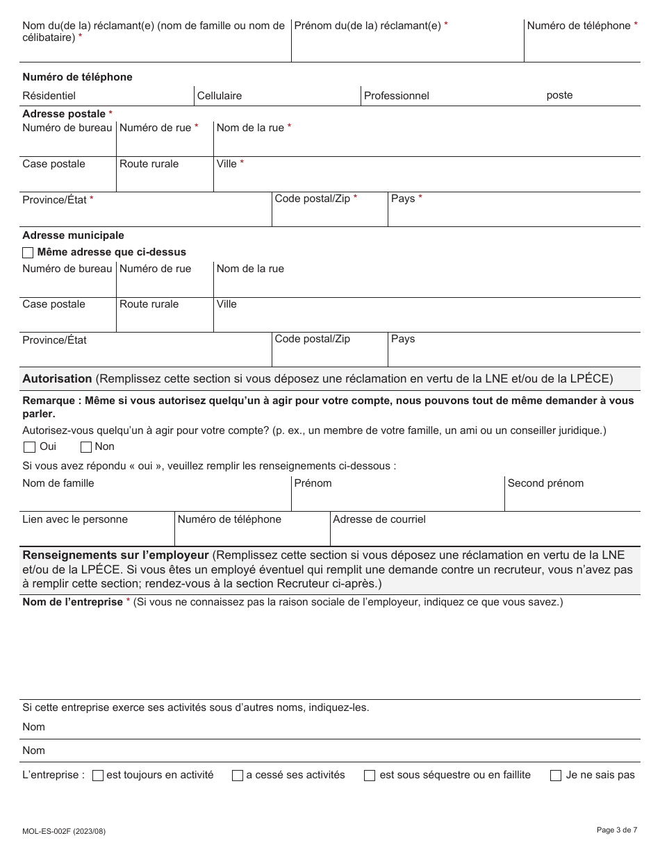 Forme MOL-ES-002F Formulaire De Reclamation - Ontario, Canada (French), Page 3