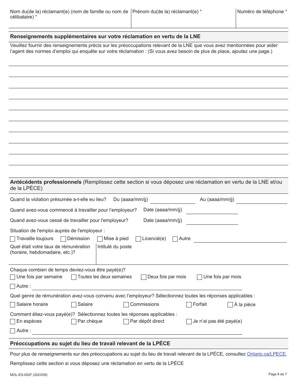 Forme MOL-ES-002F Formulaire De Reclamation - Ontario, Canada (French), Page 6