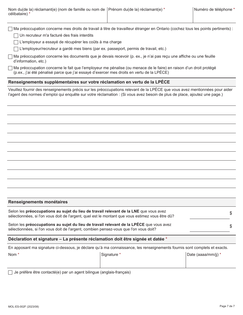 Forme MOL-ES-002F Formulaire De Reclamation - Ontario, Canada (French), Page 7