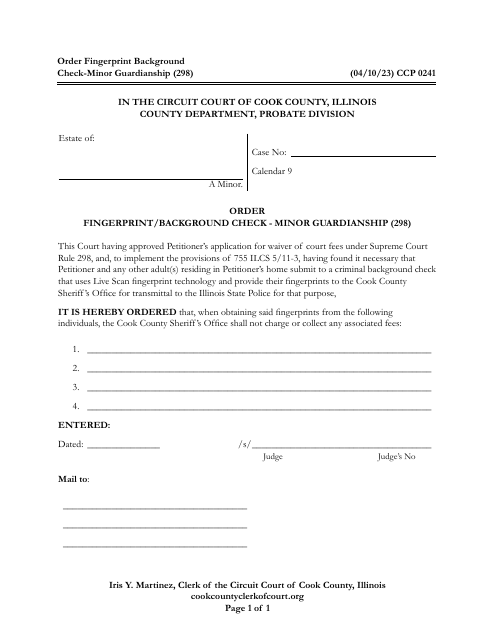 Form CCP0241 Order Fingerprint/Background Check - Minor Guardianship - Cook County, Illinois
