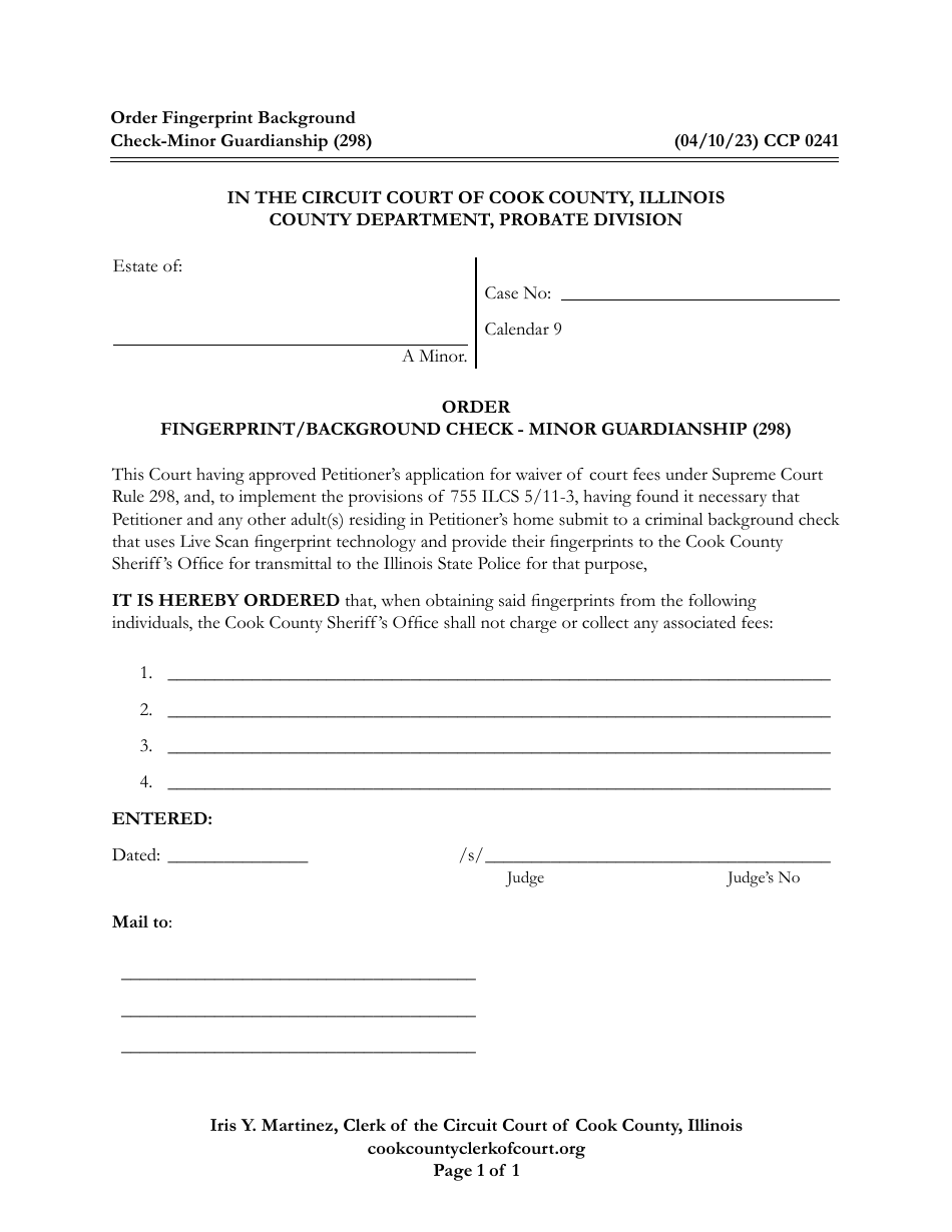 Form CCP0241 Order Fingerprint / Background Check - Minor Guardianship - Cook County, Illinois, Page 1