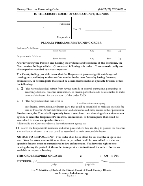 Form CCG0135 Plenary Firearms Restraining Order - Cook County, Illinois