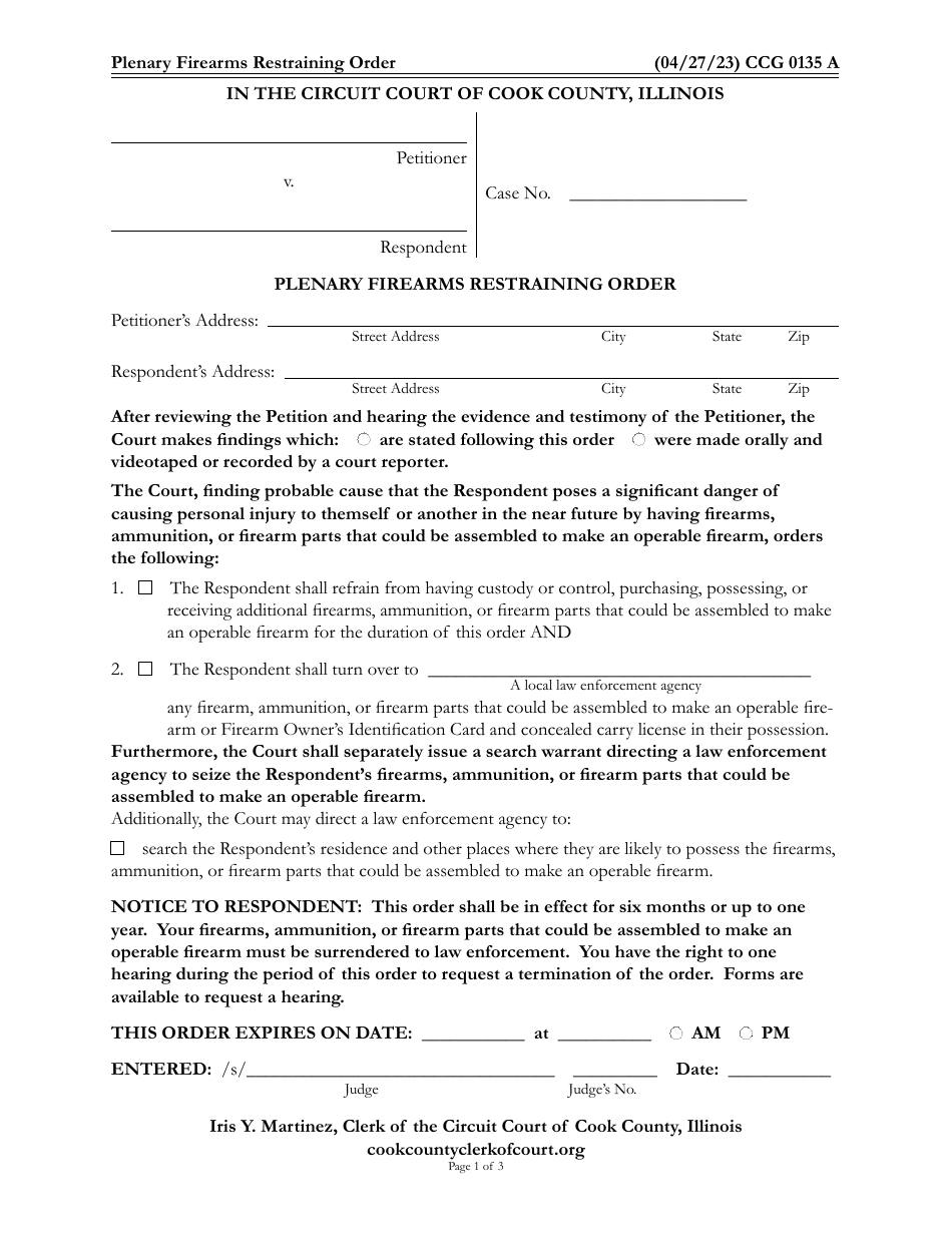 Form CCG0135 Plenary Firearms Restraining Order - Cook County, Illinois, Page 1