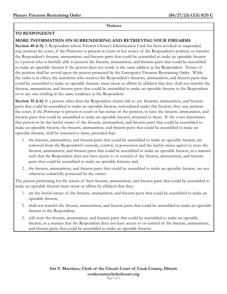 Form CCG0135 Plenary Firearms Restraining Order - Cook County, Illinois, Page 3