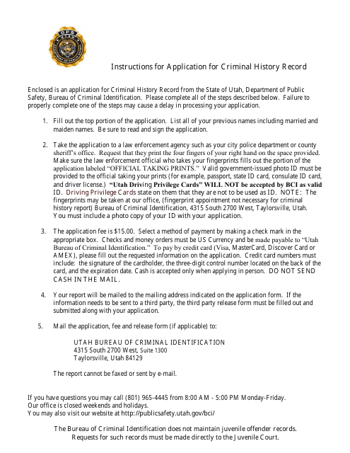 Application for Criminal History Record - Utah Download Pdf