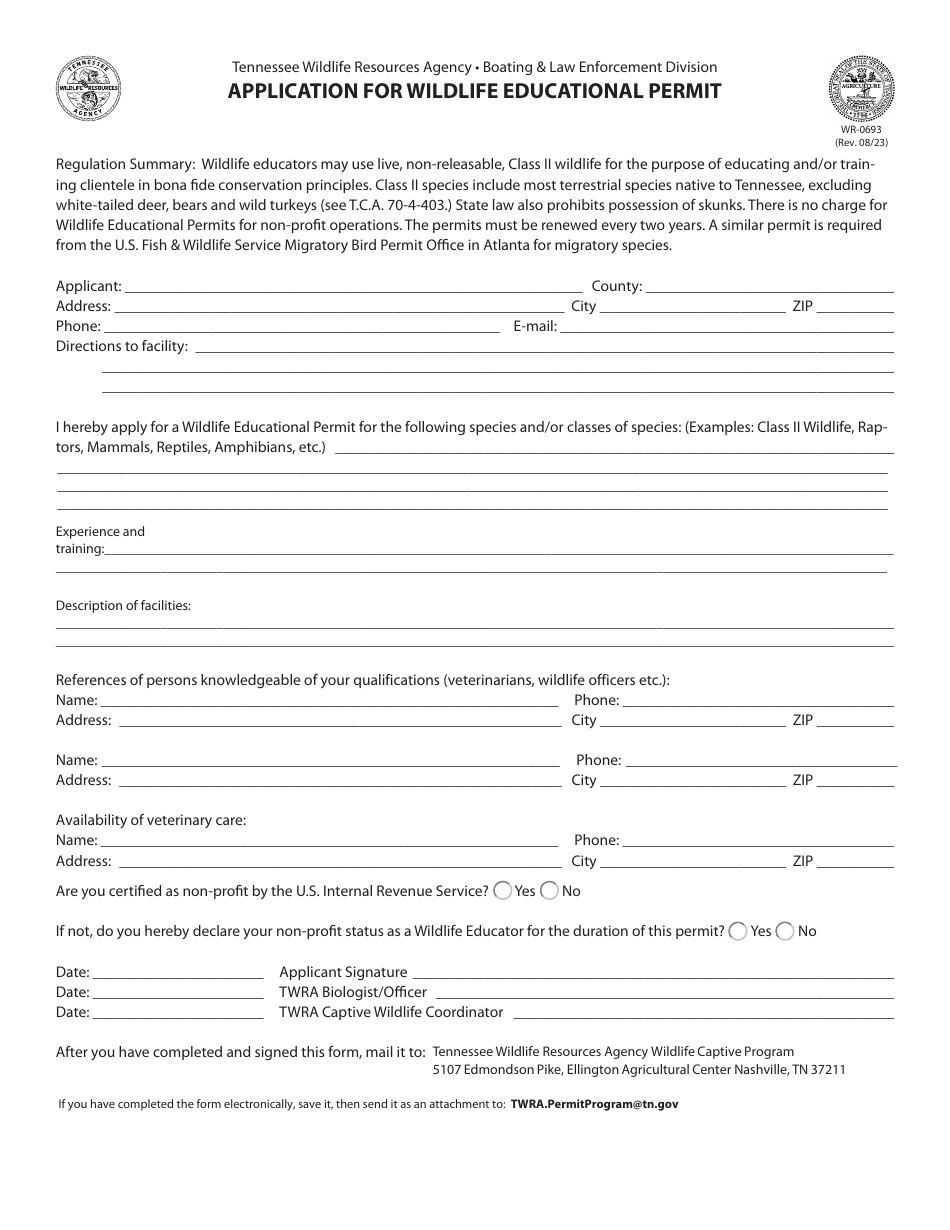 Form WR-0693 Application for Wildlife Educational Permit - Tennessee, Page 1