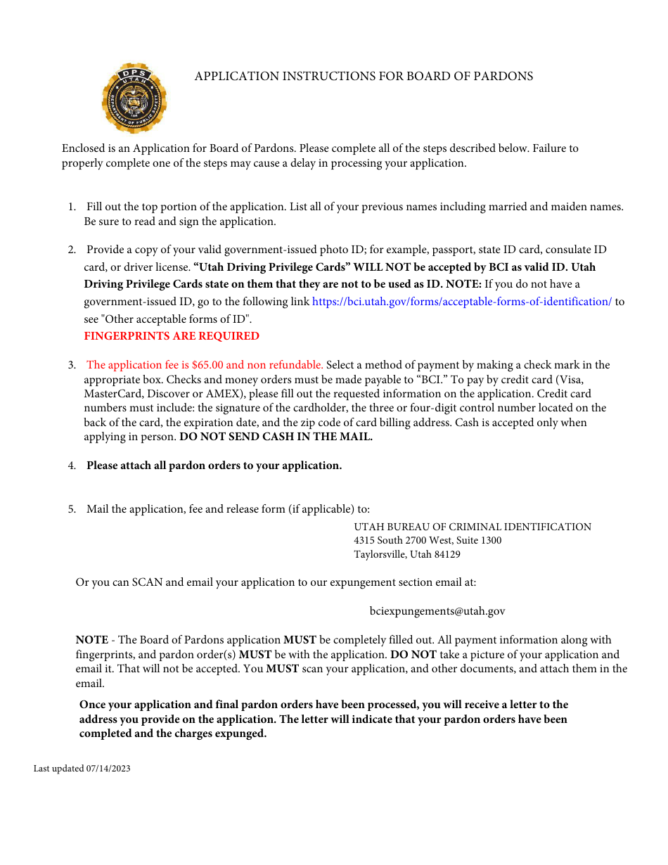 Utah Application for Board of Pardon Expungement Download Printable PDF