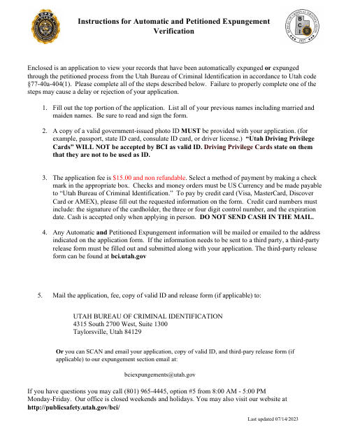 Application for Automatic and Petitioned Expungement Verification - Utah Download Pdf