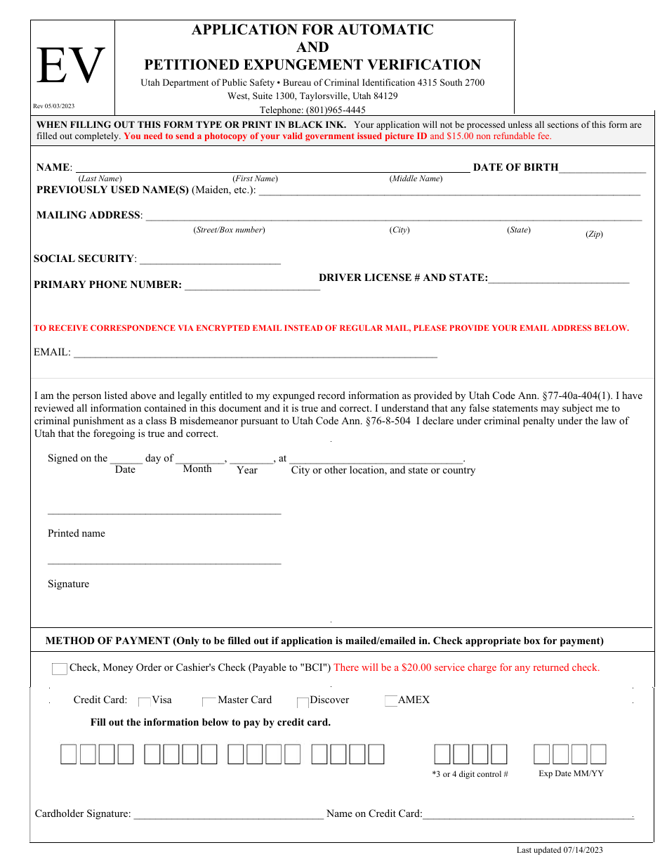 Utah Application for Automatic and Petitioned Expungement Verification ...