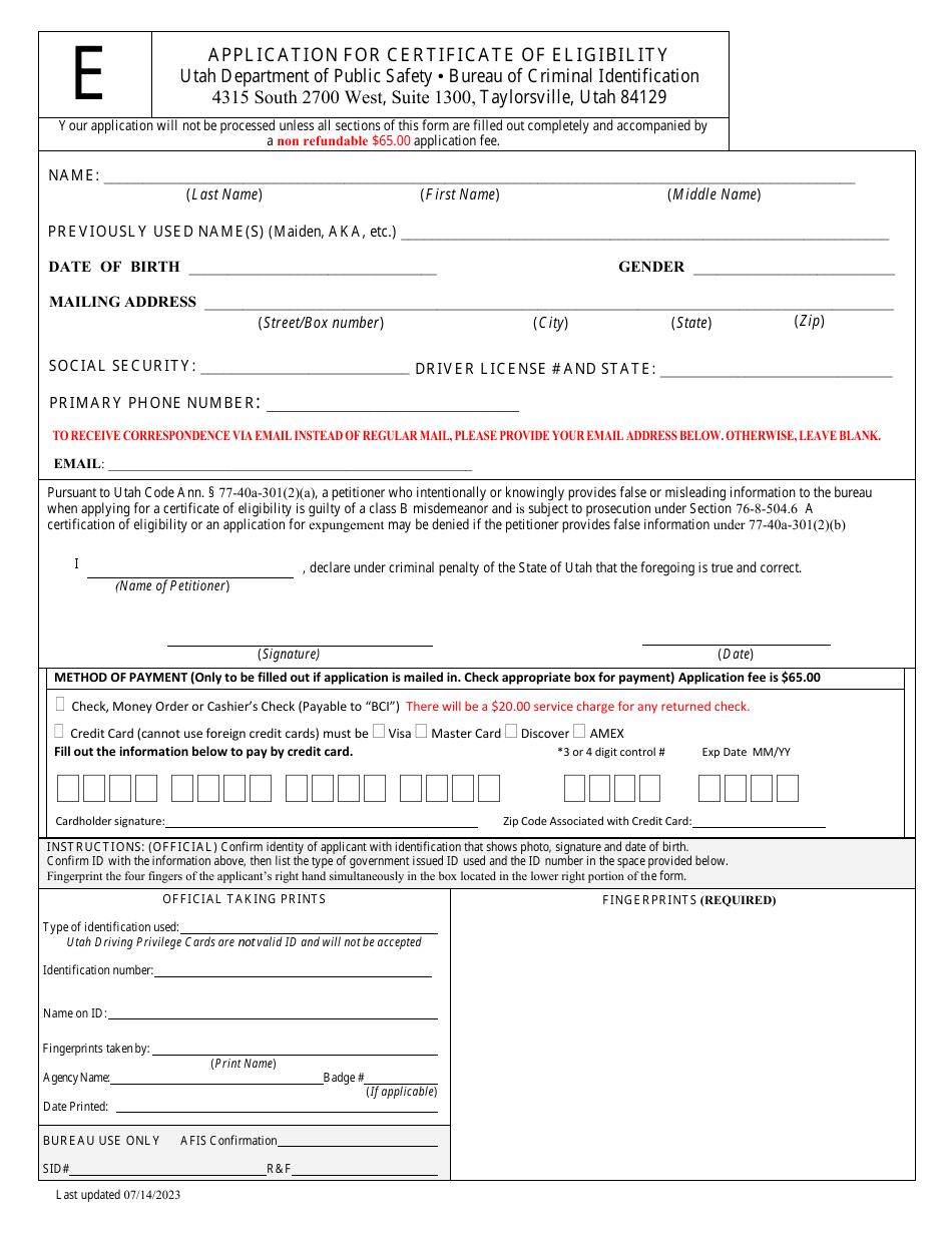 Application for Certificate of Eligibility - Utah, Page 2