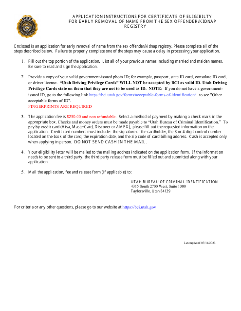 Application for Early Removal of Name From the Sex Offender / Kidnap Registry - Utah Download Pdf