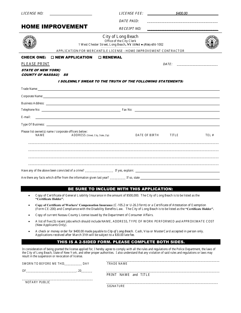 City Of Long Beach New York Application For Mercantile License Home   Application For Mercantile License Home Improvement Contractor City Of Long Beach New York Print Big 