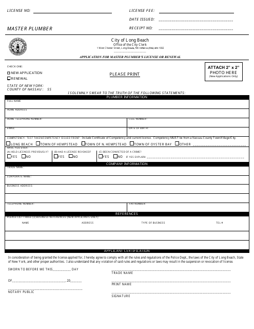Application for Master Plumber's License or Renewal - City of Long Beach, New York