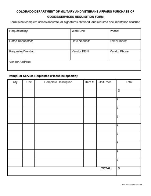 Purchase of Goods / Services Requisition Form - Colorado Download Pdf