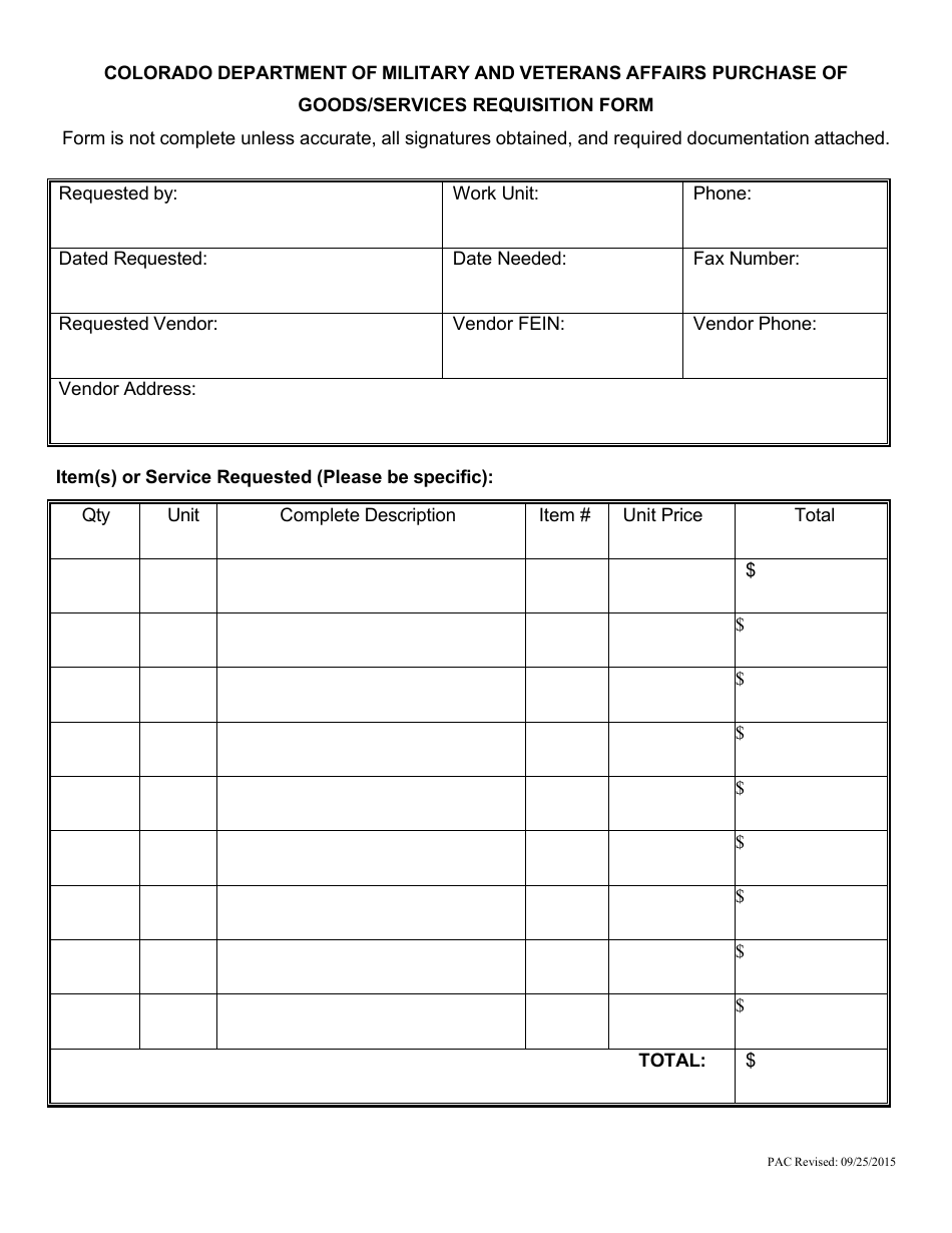 Colorado Purchase of Goods/Services Requisition Form Fill Out Sign