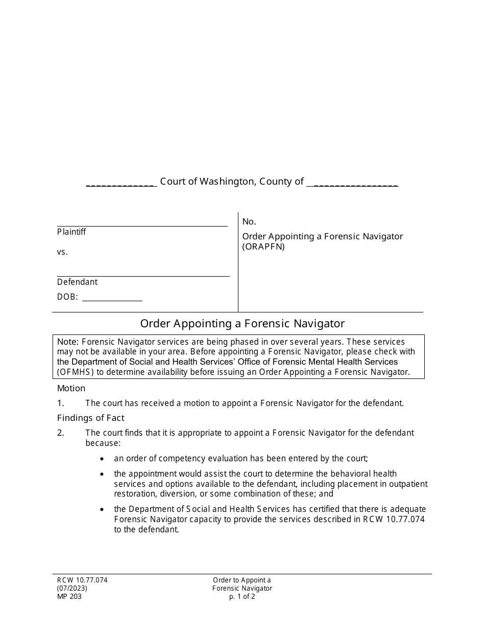 Form MP203 Order Appointing a Forensic Navigator - Washington, Page 1