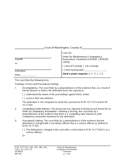 Form MP250 Order for Misdemeanor Competency Restoration Treatment - Washington
