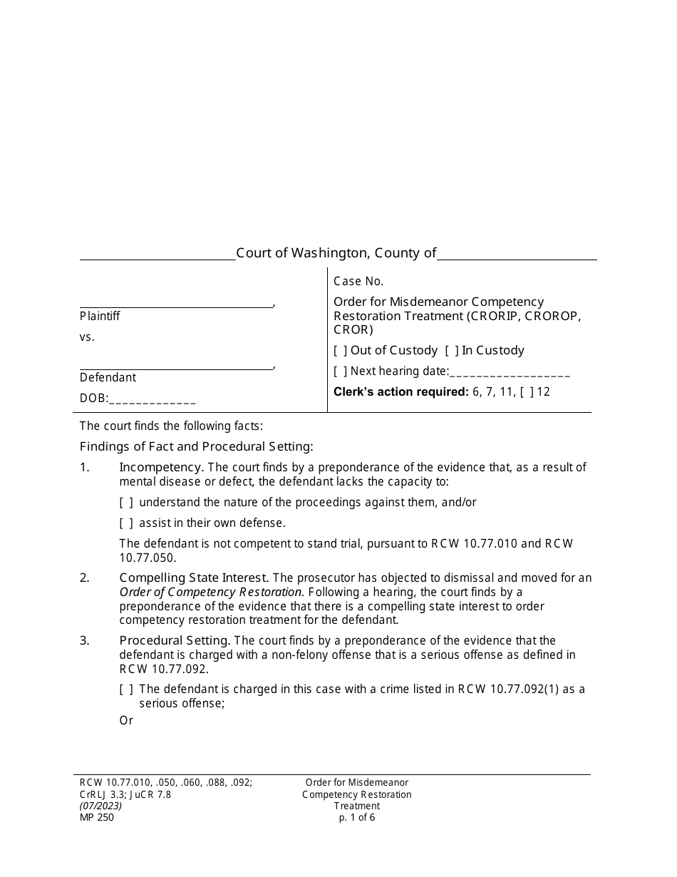 Form MP250 Order for Misdemeanor Competency Restoration Treatment - Washington, Page 1
