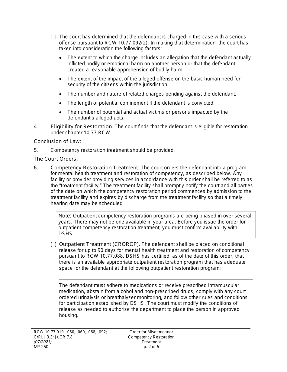 Form MP250 Order for Misdemeanor Competency Restoration Treatment - Washington, Page 2