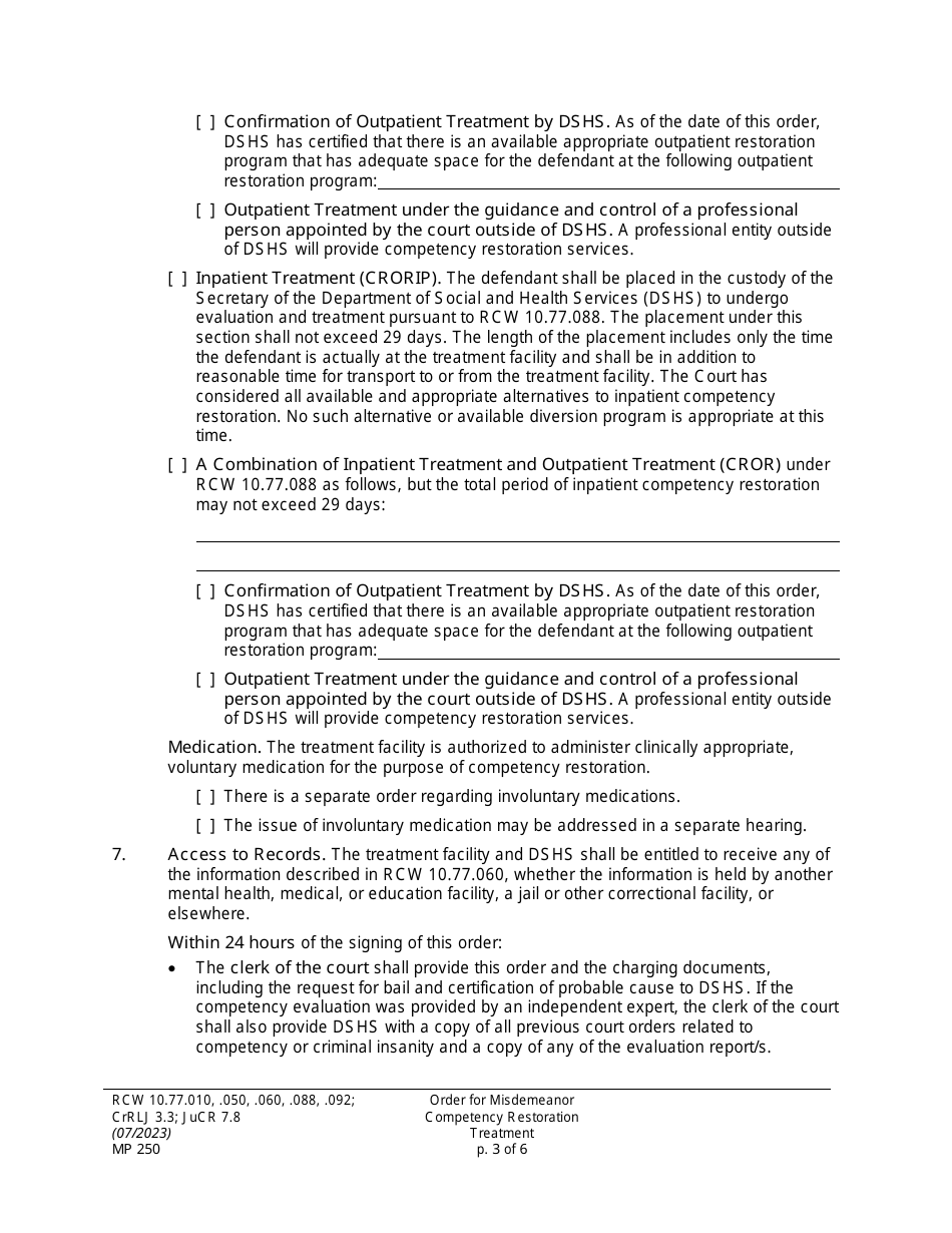 Form MP250 Order for Misdemeanor Competency Restoration Treatment - Washington, Page 3