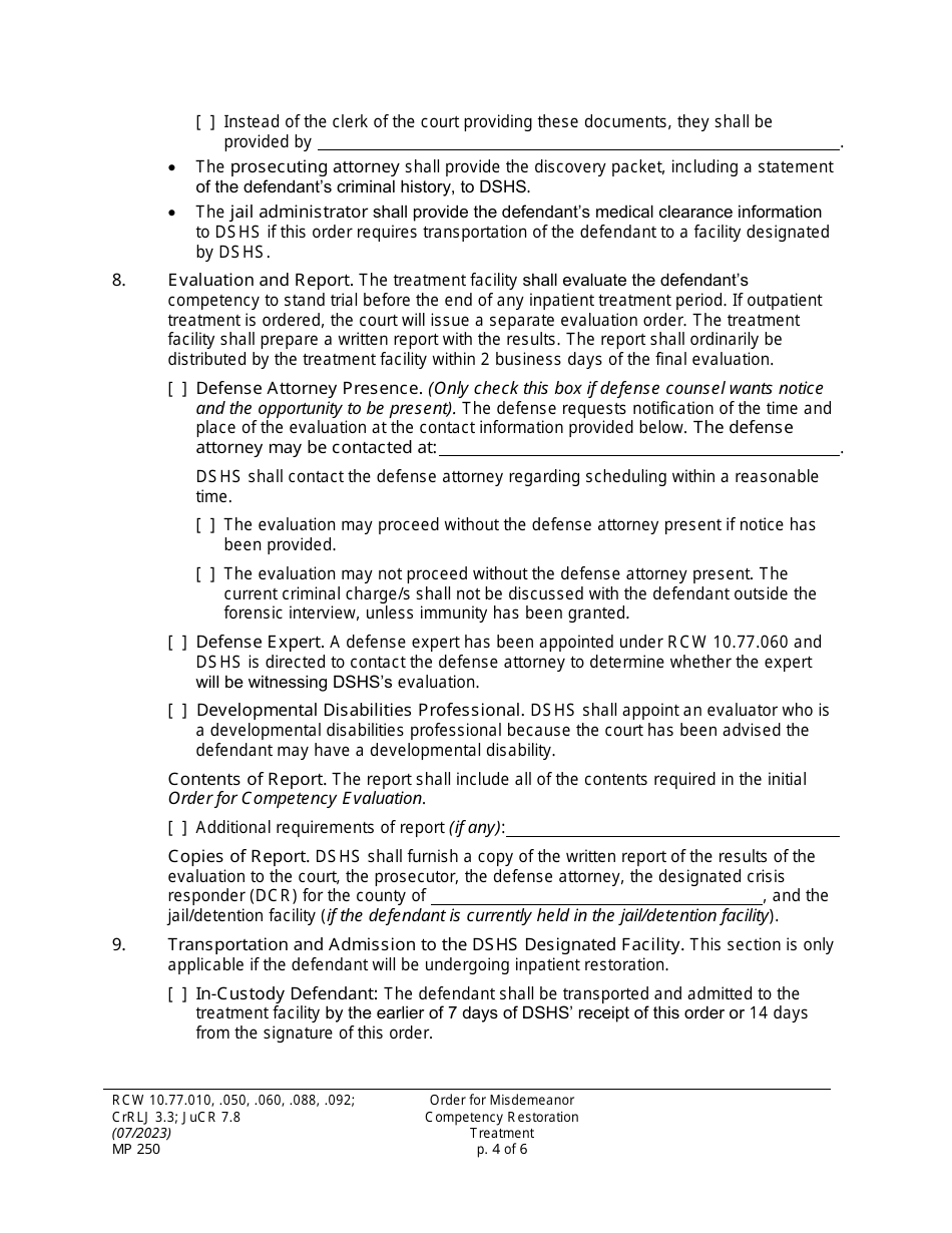 Form MP250 Download Printable PDF or Fill Online Order for Misdemeanor ...